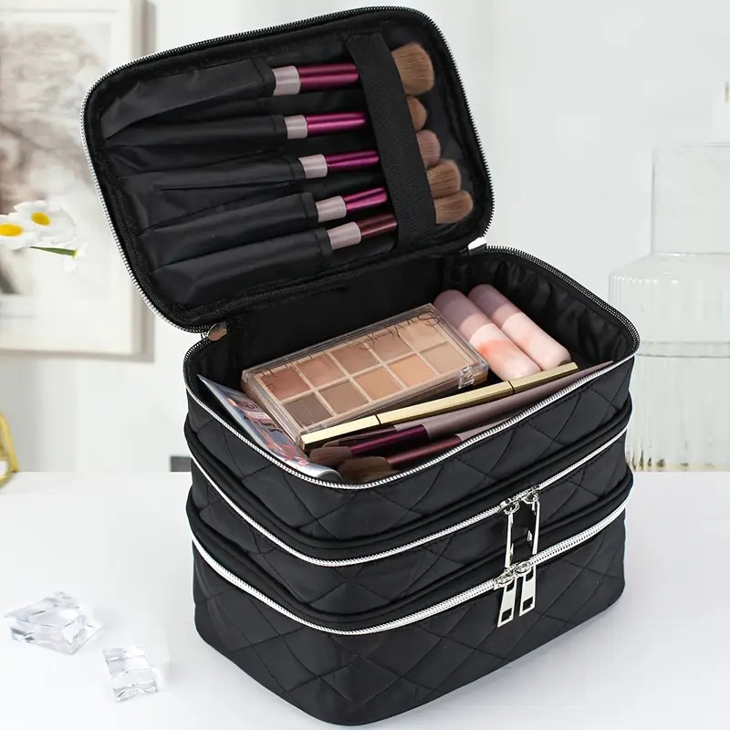 large capacity black rhombus travel organizer handbag 3 tier double layer portable makeup case with   zippers white piping trim durable multi compartment storage for   for brushes lipstick electronics Product details 4