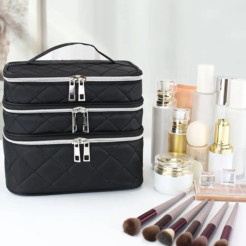 large capacity black rhombus travel organizer handbag 3 tier double layer portable makeup case with   zippers white piping trim durable multi compartment storage for   for brushes lipstick electronics Product details 2