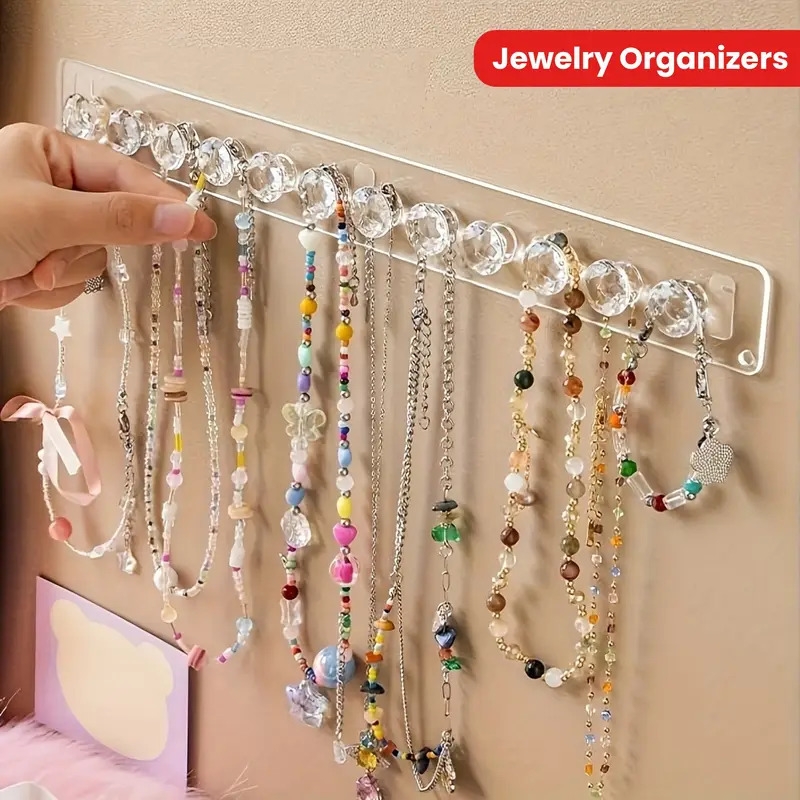 1pc wall mounted acrylic jewelry hanger with 12 diamond hooks polished necklace organizer for ladies accessories clear rectangular display rack for necklace types accessory display clear acrylic display reflective surface hanging jewelry organizers 0