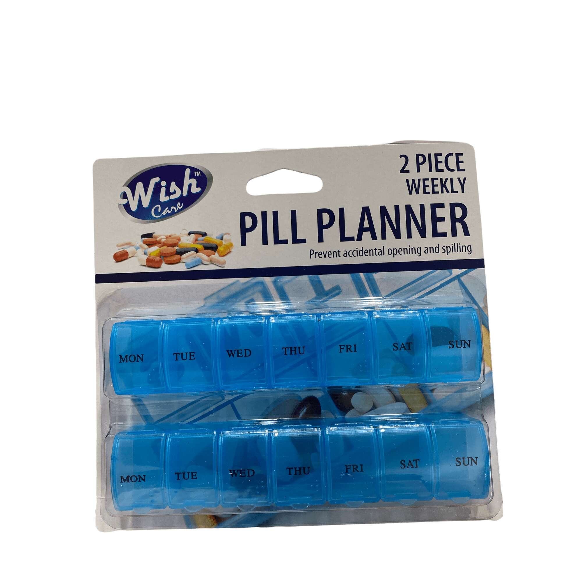 Pilulier hebdomadaire 2 pièces, couleur bleue, pour éviter les ouvertures accidentelles et les déversements.