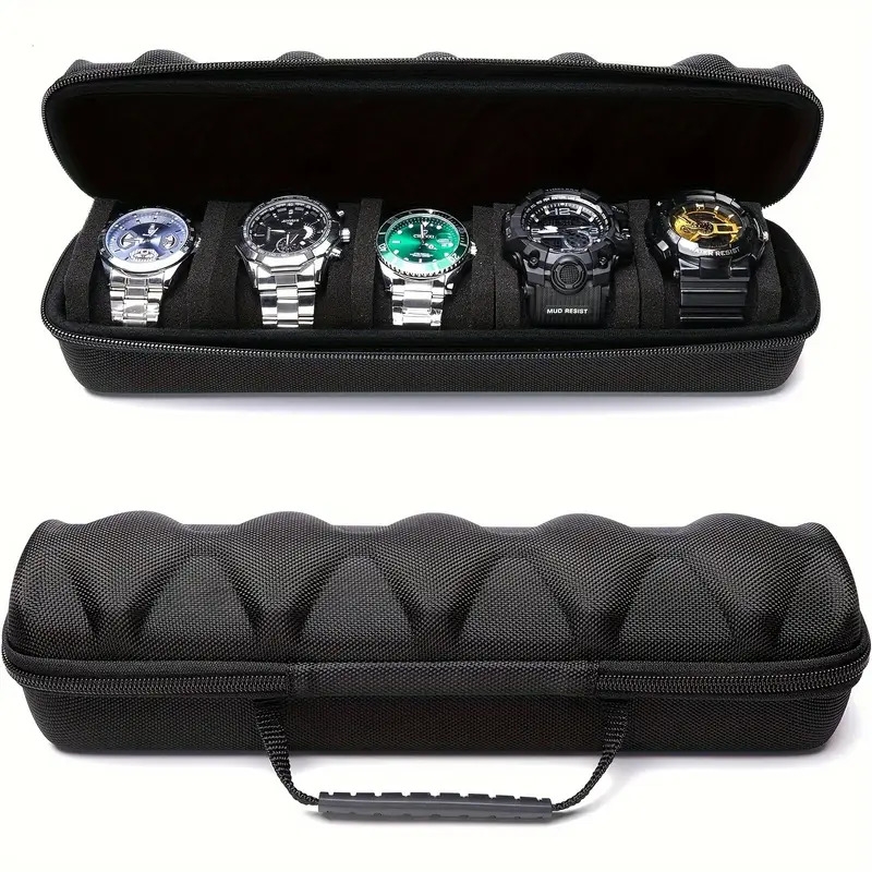 5 slot eva watch travel case with hardshell   foam pillows handle secure   closure scratch resistant protective storage box for men women watches watch protection sleek style padded interior details 4