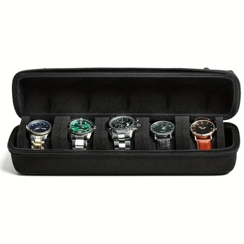 5 slot eva watch travel case with hardshell   foam pillows handle secure   closure scratch resistant protective storage box for men women watches watch protection sleek style padded interior details 3