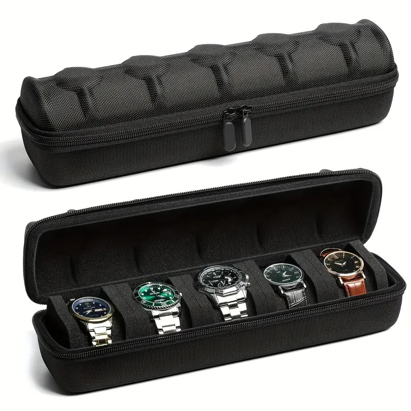 5 slot eva watch travel case with hardshell   foam pillows handle secure   closure scratch resistant protective storage box for men women watches watch protection sleek style padded interior details 0