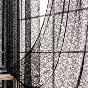 Black Lace Curtains 63 Inch Length for Bedroom Knitted Rose Floral Lace