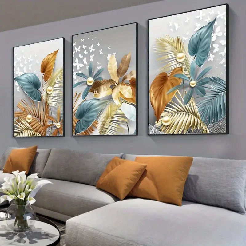 3pcs 15 7 23 6in 40cm 60cm frameless modern golden butterfly leaves wall art canvas painting art for living room cuadros decor no frame details 2