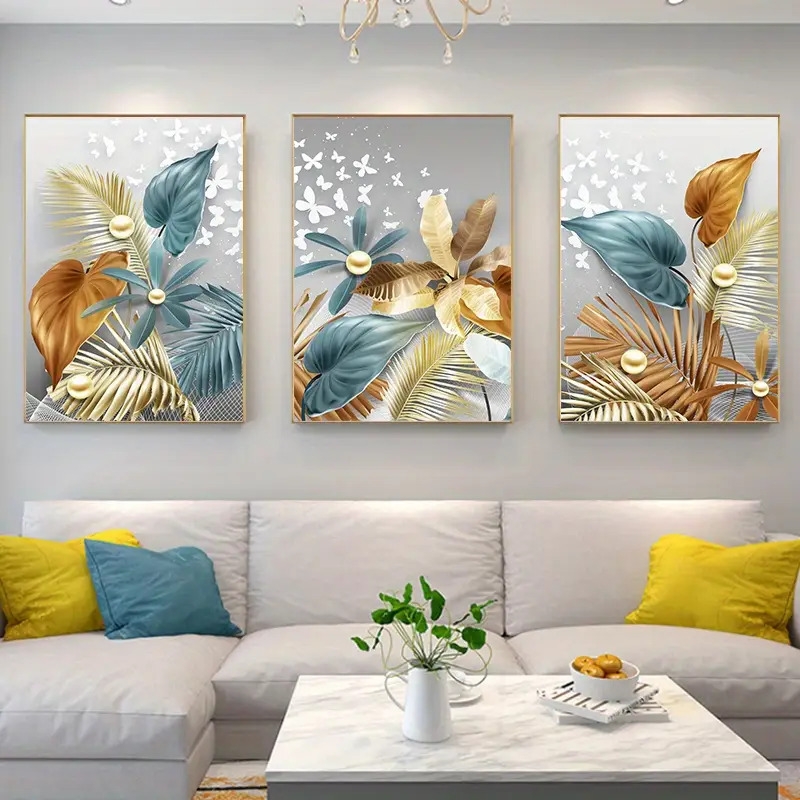 3pcs 15 7 23 6in 40cm 60cm frameless modern golden butterfly leaves wall art canvas painting art for living room cuadros decor no frame details 3