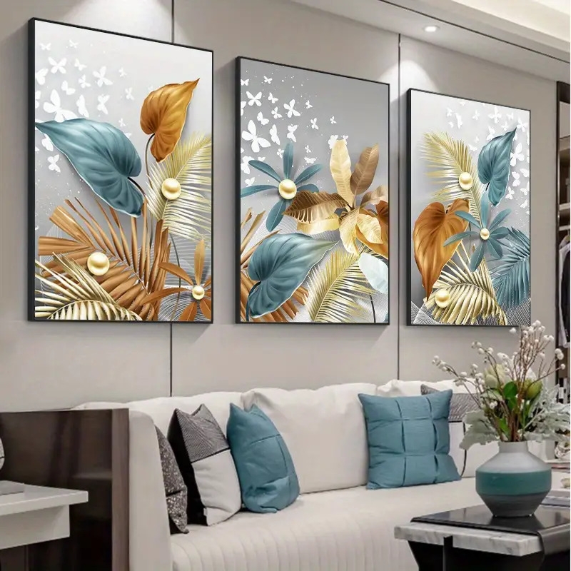 3pcs 15 7 23 6in 40cm 60cm frameless modern golden butterfly leaves wall art canvas painting art for living room cuadros decor no frame details 0