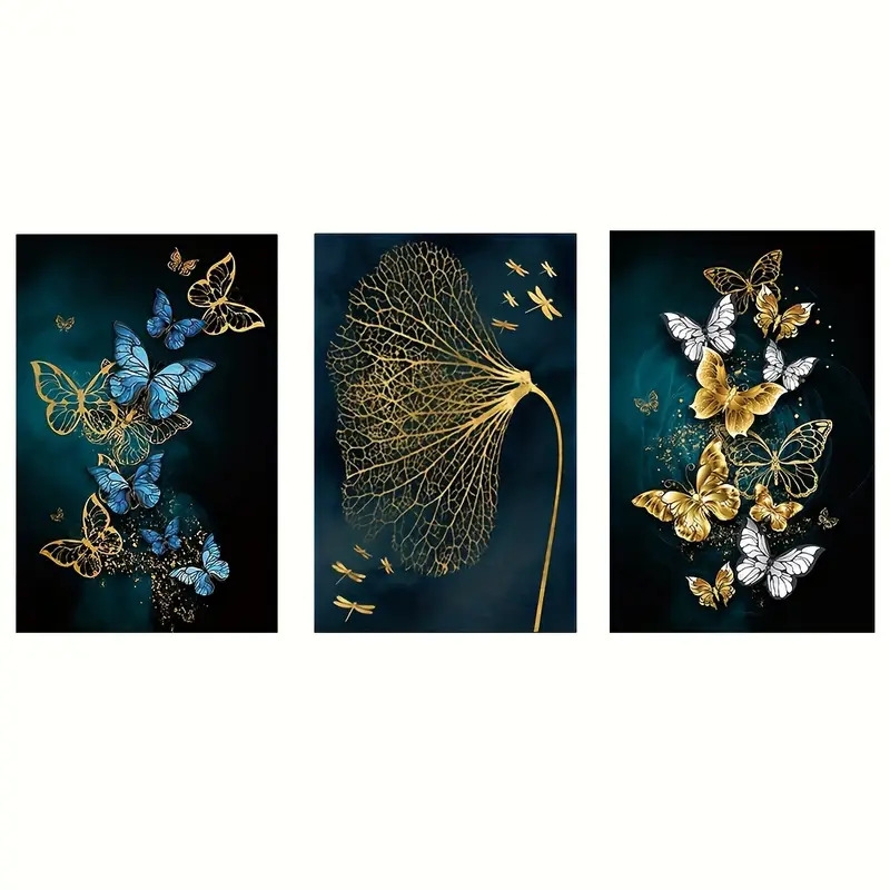三只,金色蝴蝶叶子墙艺术画布油画,用于客厅装饰 - 15.7x23.6英寸/40厘米x60厘米 - 优雅时尚 详情 5