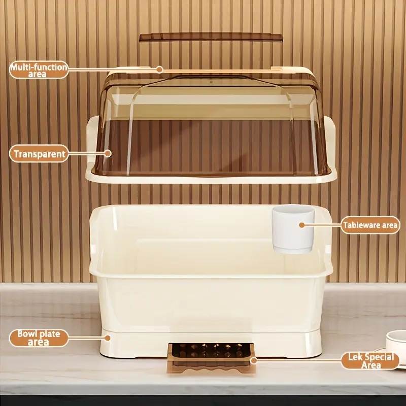 dish drying rack with lid space saving dust proof kitchen storage cabinet cream multi functional utensil organiser with drainage plate suitable for countertops and cabinets dish drying rack for kitchen countertops Product details 7