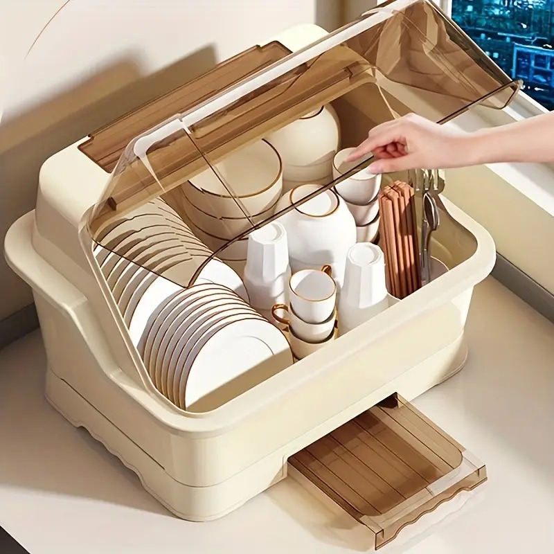dish drying rack with lid space saving dust proof kitchen storage cabinet cream multi functional utensil organiser with drainage plate suitable for countertops and cabinets dish drying rack for kitchen countertops Product details 6