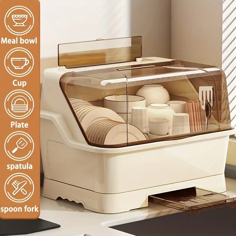 dish drying rack with lid space saving dust proof kitchen storage cabinet cream multi functional utensil organiser with drainage plate suitable for countertops and cabinets dish drying rack for kitchen countertops Product details 4