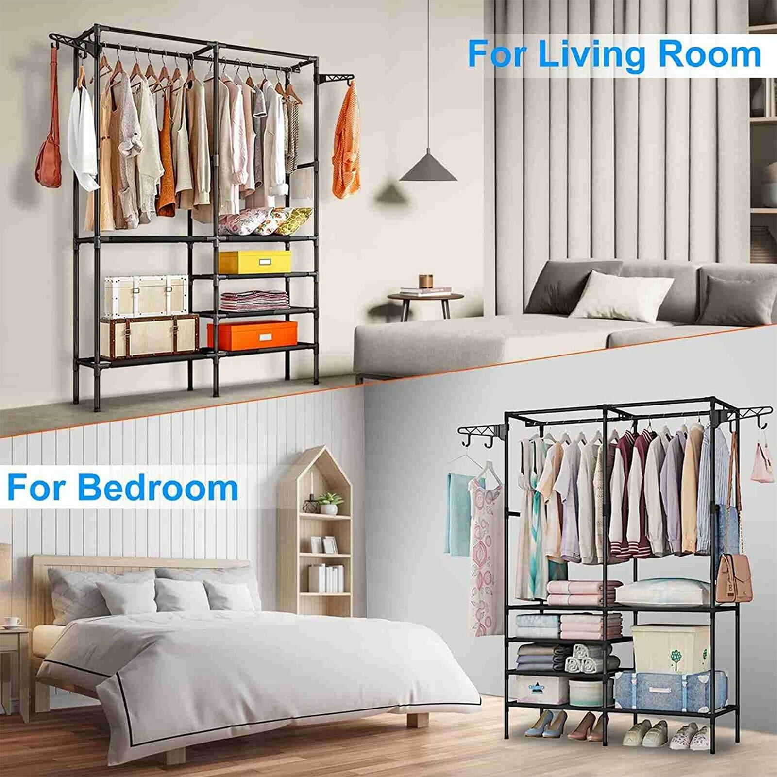 Metal Garment Rack Shoe Clothing Organizer Shelves Freestanding Multifunctional Clothes Wardrobe Coated Iron Frame,Black