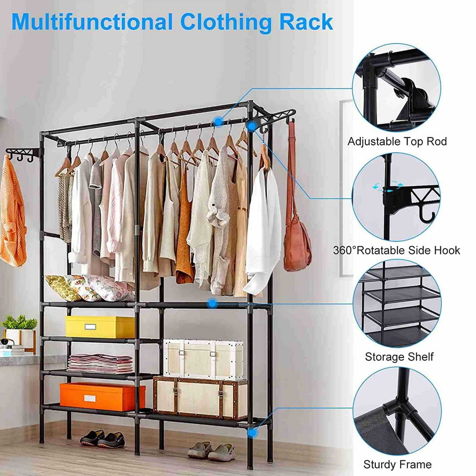 Metal Garment Rack Shoe Clothing Organizer Shelves Freestanding Multifunctional Clothes Wardrobe Coated Iron Frame,Black
