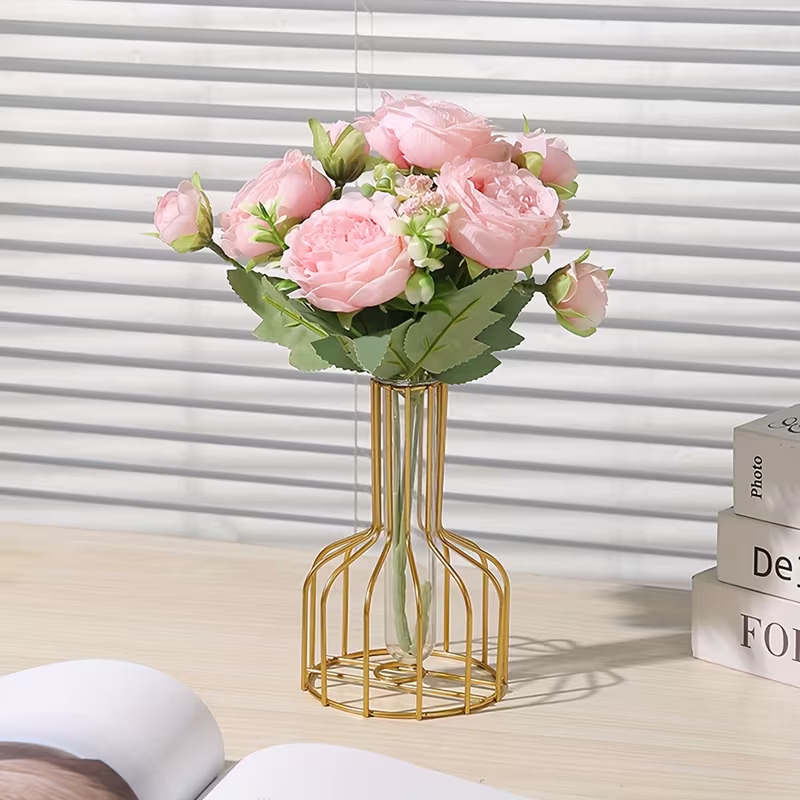 1pc elegant golden wrought iron hollow vase transparent decorative vases for fresh artificial flowers ideal for dining table living room decor flower vase 8
