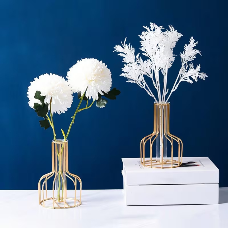 Vintage Style Glass Tube Vase - Metal Frame, Round Cylinder Shape, No Electricity or Battery Needed, Home Decor Vase for Flowers (1pc)