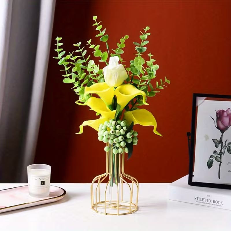 Vintage Style Glass Tube Vase - Metal Frame, Round Cylinder Shape, No Electricity or Battery Needed, Home Decor Vase for Flowers (1pc)