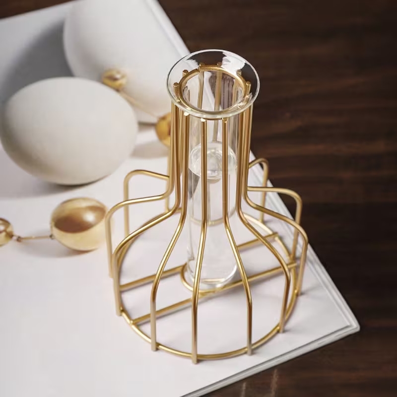 Vintage Style Glass Tube Vase - Metal Frame, Round Cylinder Shape, No Electricity or Battery Needed, Home Decor Vase for Flowers (1pc)