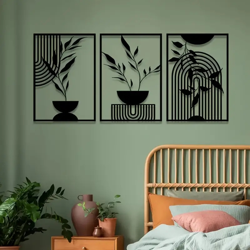 3件套黑色金属墙饰，简单的线挂装饰品，抽象的金属墙雕，波西米亚风格的壁挂，适用于卧室、浴室、客厅、室内外使用 商品详情 4