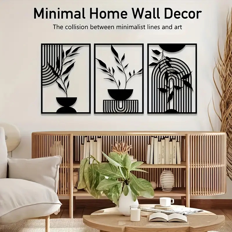 3件套黑色金属墙饰，简单的线挂装饰品，抽象的金属墙雕，波西米亚风格的壁挂，适用于卧室、浴室、客厅、室内外使用 商品详情 6