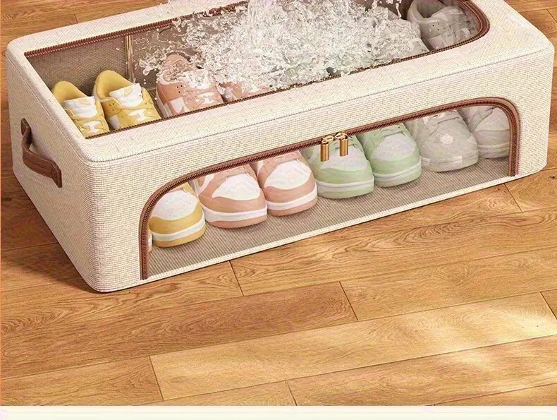 4 个季节均可使用可折叠双窗鞋柜-防尘可堆叠床下收纳器，米色亚麻布复古风格，适用于运动鞋、高跟鞋、鞋子等-节省空间的多用途壁橱和卧室收纳解决方案，鞋柜，中性装饰补充，床下收纳 商品详情 7