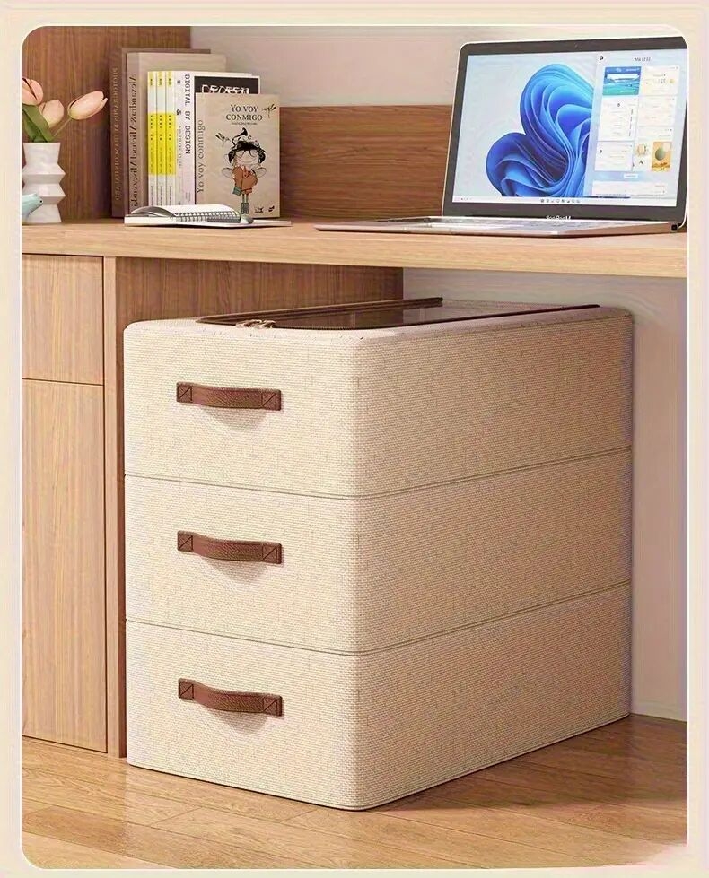 4 个季节均可使用可折叠双窗鞋柜-防尘可堆叠床下收纳器，米色亚麻布复古风格，适用于运动鞋、高跟鞋、鞋子等-节省空间的多用途壁橱和卧室收纳解决方案，鞋柜，中性装饰补充，床下收纳 商品详情 8