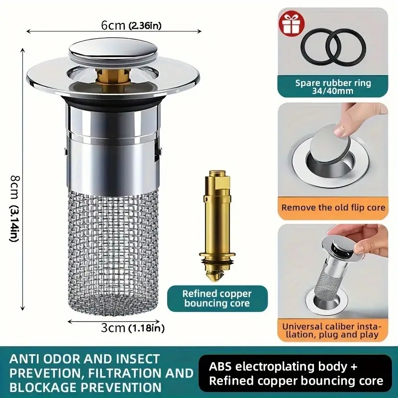 1 filtro de fregadero de acero inoxidable 304 (2.36 pulgadas en la parte superior, 1.18 pulgadas de profundidad) con tapón emergente, drenaje rápido, a prueba de olores, antibloqueo, fácil instalación, uso doméstico y de cocina detalles 3