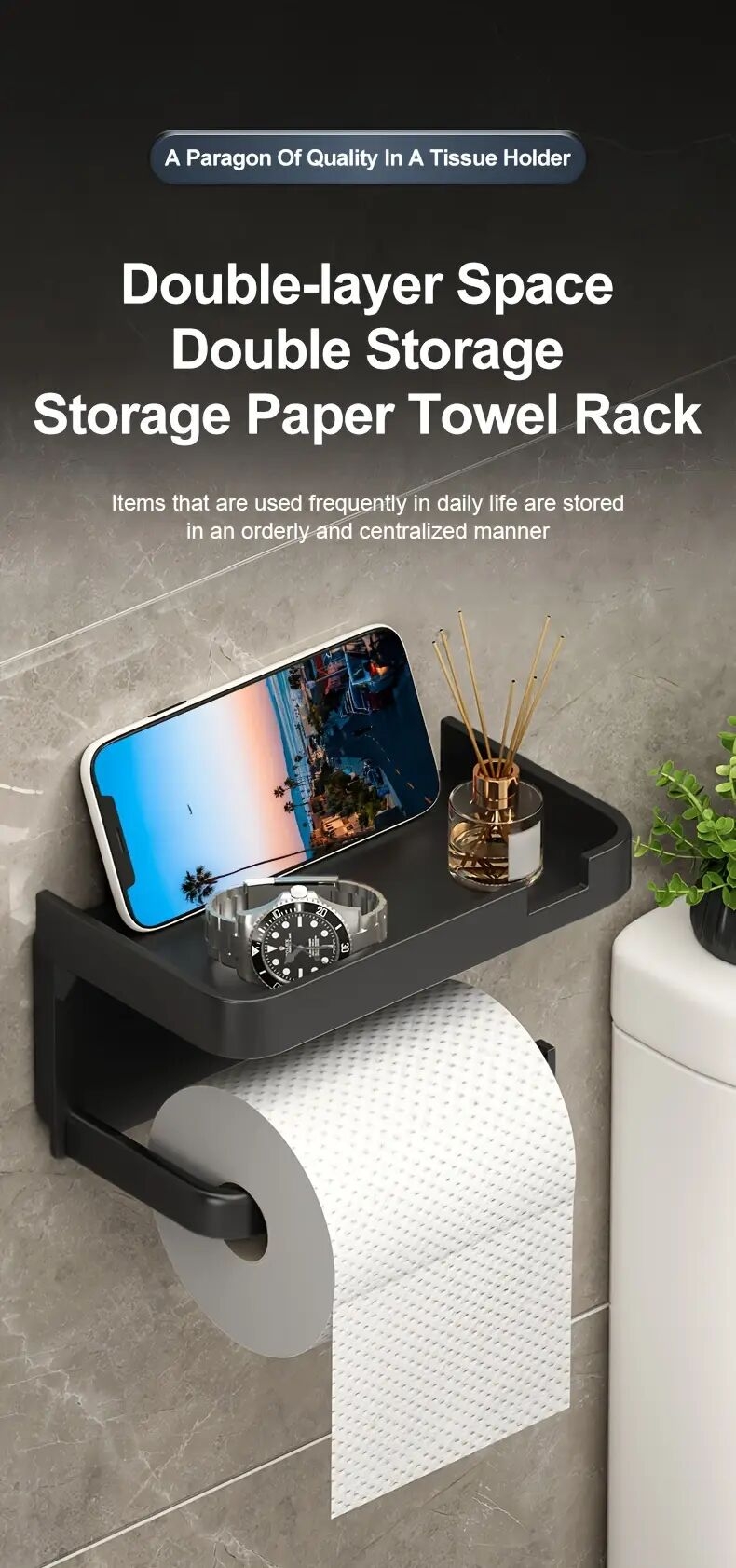 1pc toilet paper storage rack bathroom wall mounted plastics holder non punching adhesive tissue box shelf dual purpose storage rack mobile phone holder toiletry organizer bracket bathroom and toilet supplies bathroom accessories plastics details 0