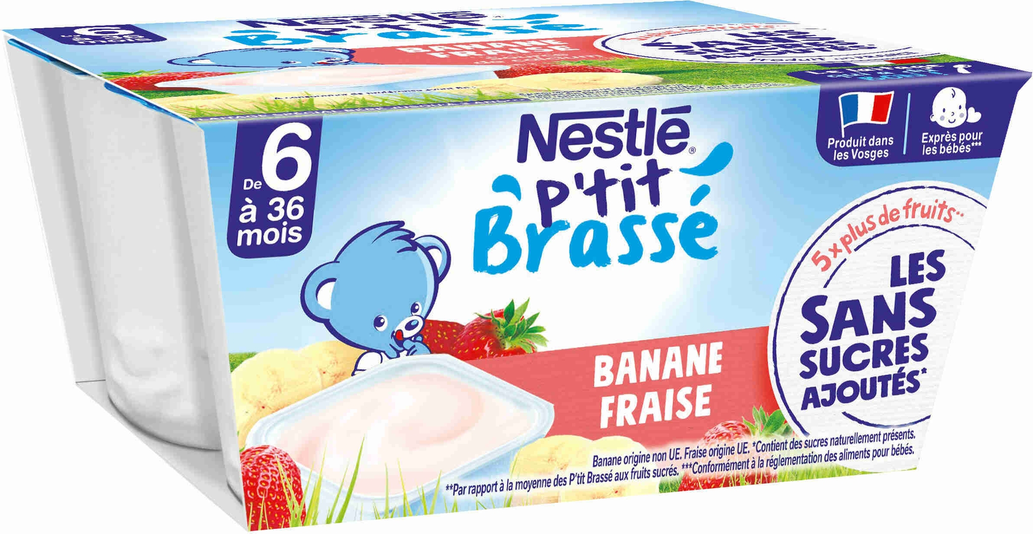 NESTLE P'TIT BRASSE Banane Fraise Sans Sucres Ajoutés 4x90g dès 6 mois - Produit