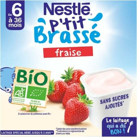 Dessert bébé Bio dès 6 mois, brassé fraise p'tit brassé NESTLE : le lot de  4 pots de 90g à Prix Carrefour