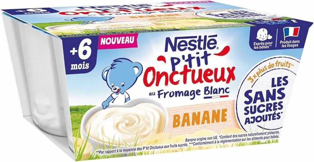 Nestl&eacute; B&eacute;b&eacute; P'tit Onctueux Laitage Banane sans sucres ajout&eacute;s - d&egrave;s 6 mois  - 4 x 90g : Amazon.fr: Epicerie