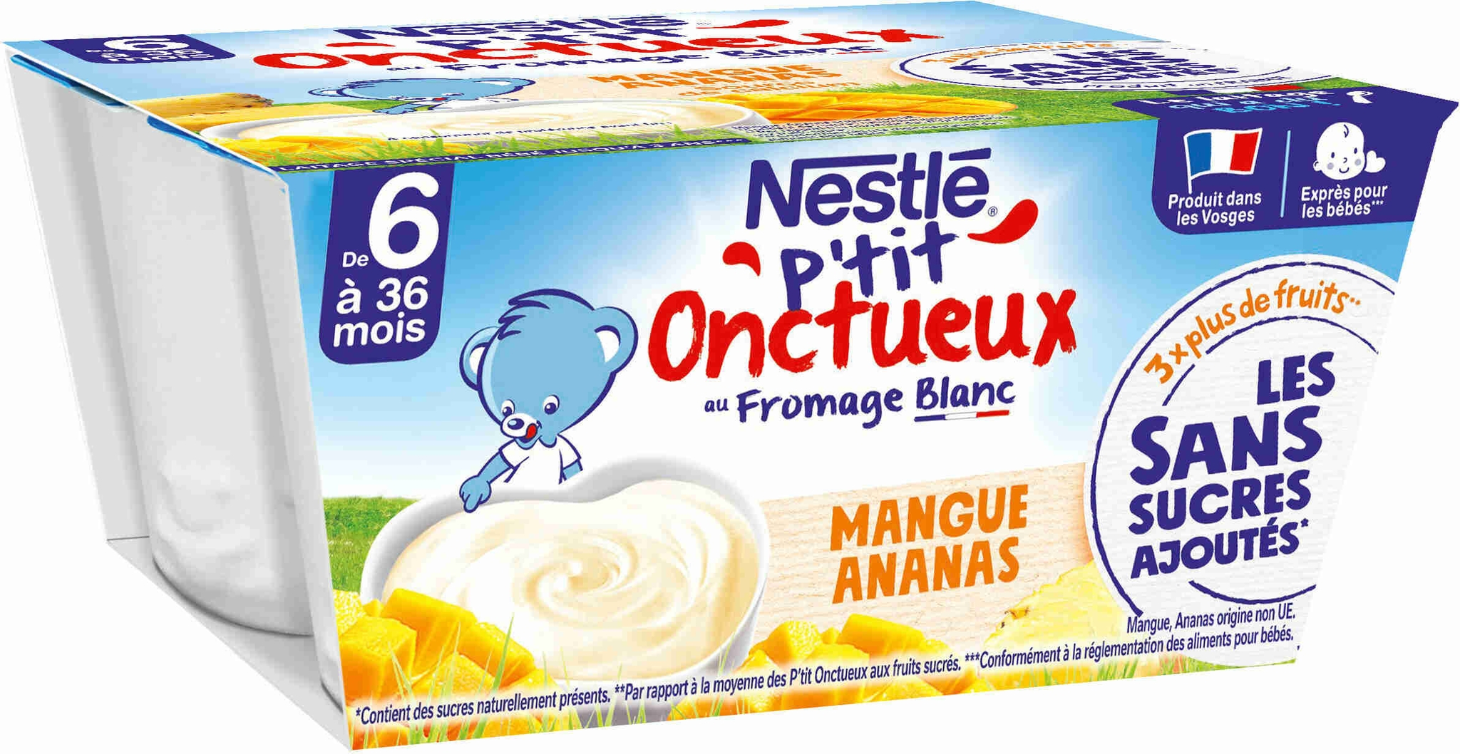 NESTL&Eacute; P'TIT ONCTUEUX Sans Sucres Ajout&eacute;s Mangue Ananas 4x90g - D&egrave;s 6 mois  - 360 g