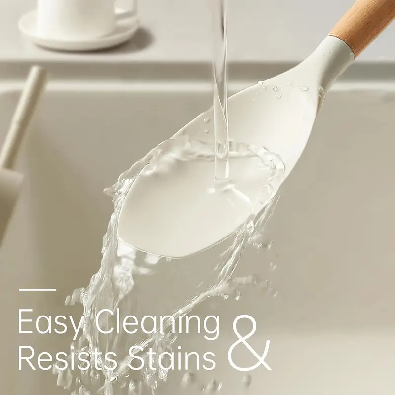 10件套硅胶厨房用具套装，耐热不粘烹饪工具组合带木柄铲、翻转勺、夹子和打蛋器 商品详情 4