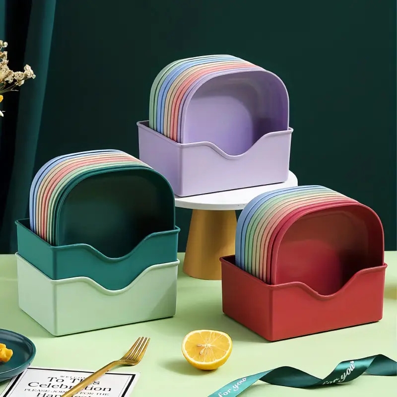 10 个方形餐盘，附 1 个支架 - 便携式食物盘套装，非常适合零食和早餐 - 耐用塑料 - 必备厨房工具颜色随机 详情 2