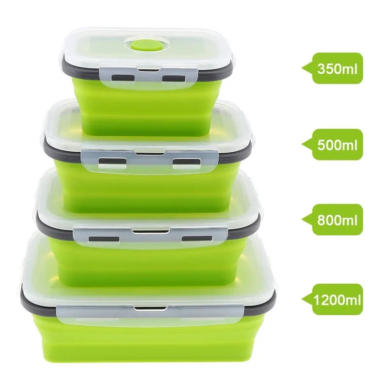 Collapsible Silicone Lunch Boxes: Reusable Bento Food Containers with Lids 350/500/800/1200ml, 4 Pack