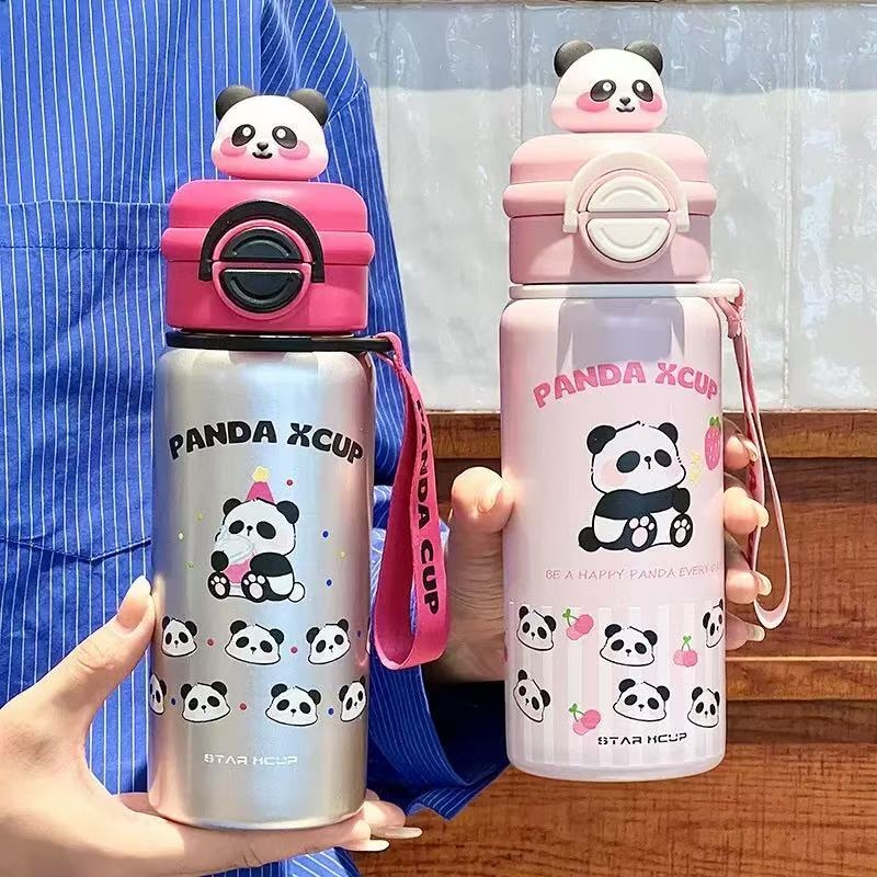 Thermos pour enfants Kecolove 550 ml, motif tête de panda mignon, double usage, isotherme à double paroi, pour l'école et cadeau étudiant, avec poignée