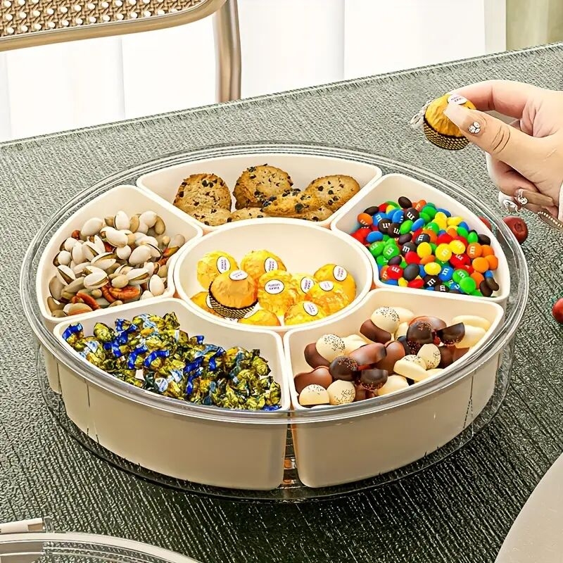 1pc rotating snack tray with lid round plastic food storage organizer for nuts dried   ideal for home parties weddings safe for food contact   christmas halloween thanksgiving valentines day graduation details 1