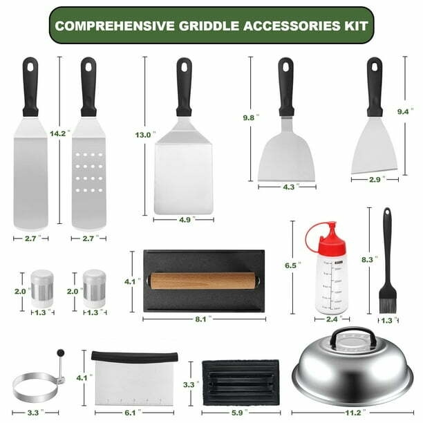 17PCS Griddle Accessories Kit, Flat Top Grill Accessories Set for Blackstone and Camp Chef, Grill Spatula Set with Enlarged Spatulas, Basting Cover, Scraper Tongs for Outdoor for Outdoor BBQ