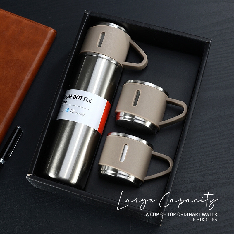 500ml 304 Stainless Steel Double Wall Vacuum Flask Set Insulated Water Bottle With Two Cups Business Father's Day Gift