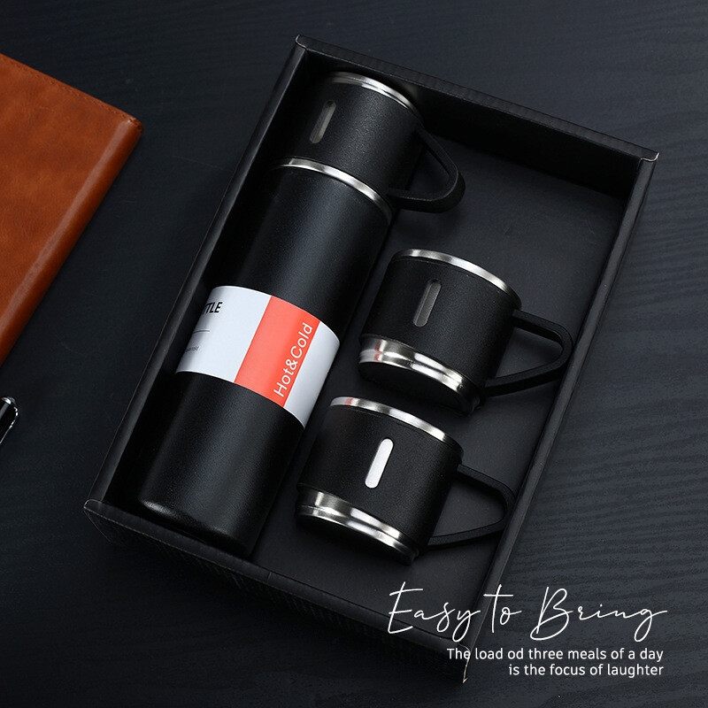 500ml 304 Stainless Steel Double Wall Vacuum Flask Set Insulated Water Bottle With Two Cups Business Father's Day Gift
