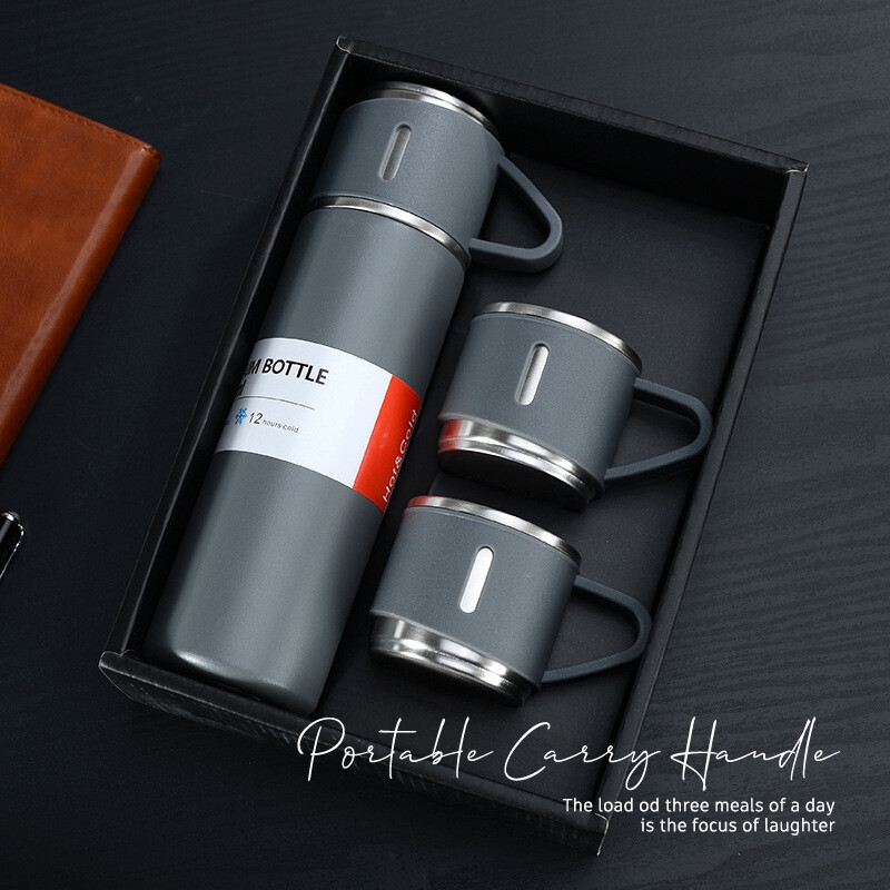 500ml 304 Stainless Steel Double Wall Vacuum Flask Set Insulated Water Bottle With Two Cups Business Father's Day Gift