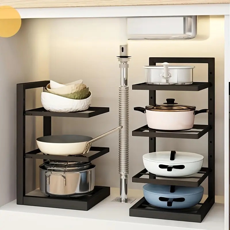 1pc stainless steel multi tier pot and lid organizer rack adjustable kitchen storage shelf for pots pans lids space saving cabinet under sink organizer for home commercial kitchens kitchen storage solution sleek black   adjustable organizer pantry organizers and storage Product details 1