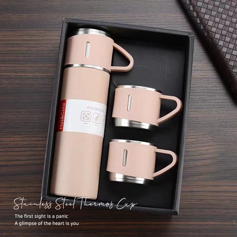 500ml 304 Stainless Steel Double Wall Vacuum Flask Set Insulated Water Bottle With Two Cups Business Father's Day Gift