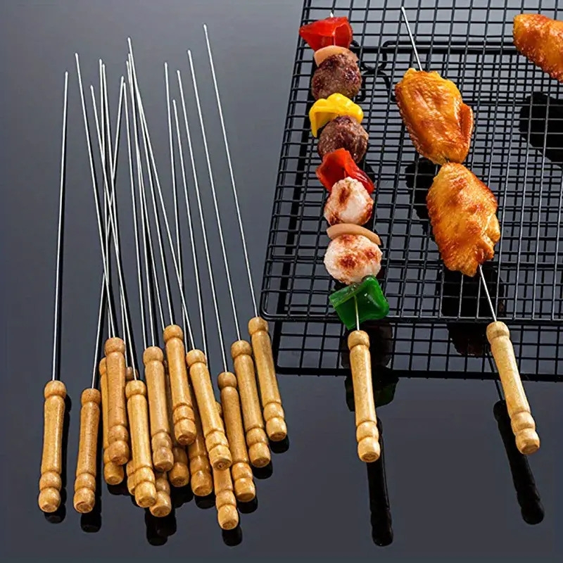 10 piece stainless steel bbq skewers with wooden handles multipurpose metal grilling sticks for outdoor cooking camping details 1