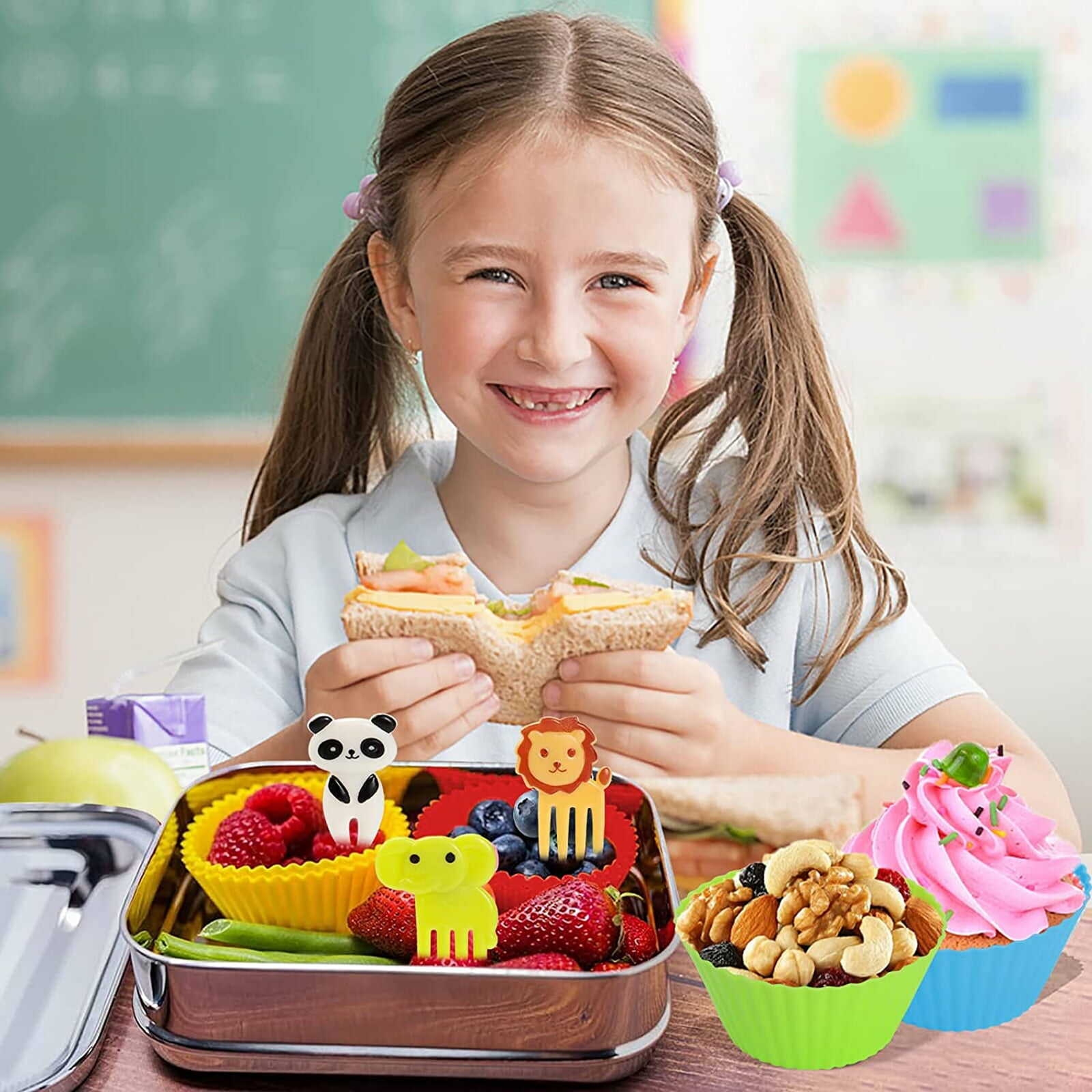 50Pcs Silicone Lunch Box Dividers Bento Box Accessories Silicone Cupcake Liners,Bento Box Accessories for Kids with 10pcs Food Picks for Kids