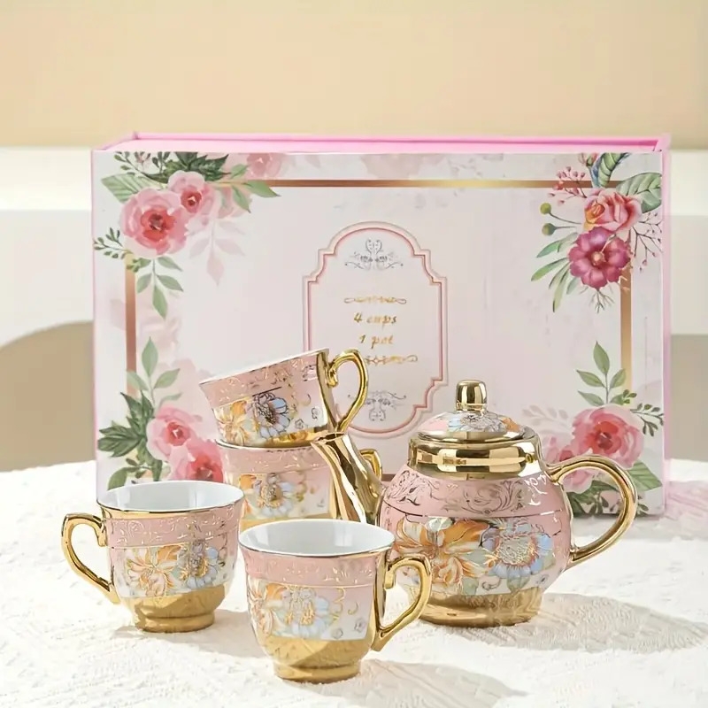 5pcs ceramic tea set including 1 teapot and 4 teacups european style gilded ceramic tea set coffee set tea party restaurant coffee shop tea party set gift package Product details 3