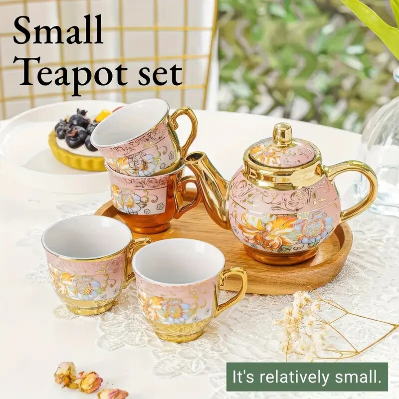 5pcs ceramic tea set including 1 teapot and 4 teacups european style gilded ceramic tea set coffee set tea party restaurant coffee shop tea party set gift package Product details 0