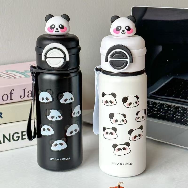 Thermos pour enfants Kecolove 550 ml, motif tête de panda mignon, double usage, isotherme à double paroi, pour l'école et cadeau étudiant, avec poignée