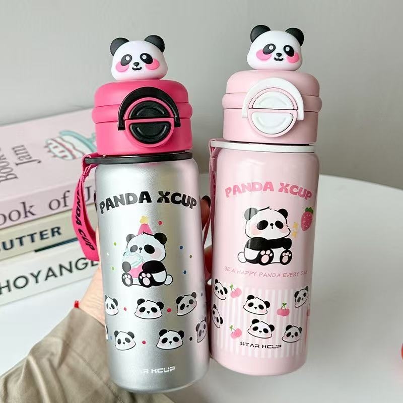 Thermos pour enfants Kecolove 550 ml, motif tête de panda mignon, double usage, isotherme à double paroi, pour l'école et cadeau étudiant, avec poignée