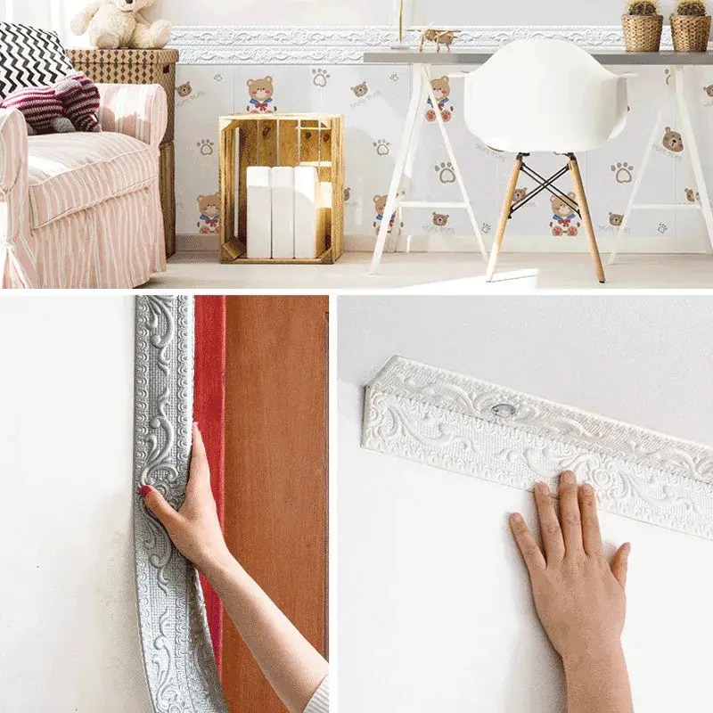 3 14in 32 8ft 3d foam wall skirting line self adhesive wall waist line waterproof decorative wall sticker border wall home decoration details 6