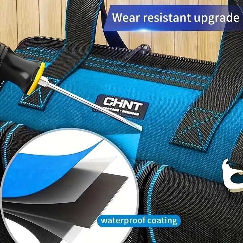 一只大号便携工具袋，采用耐磨加厚帆布，适用于电工空调维修工具包，配有肩带